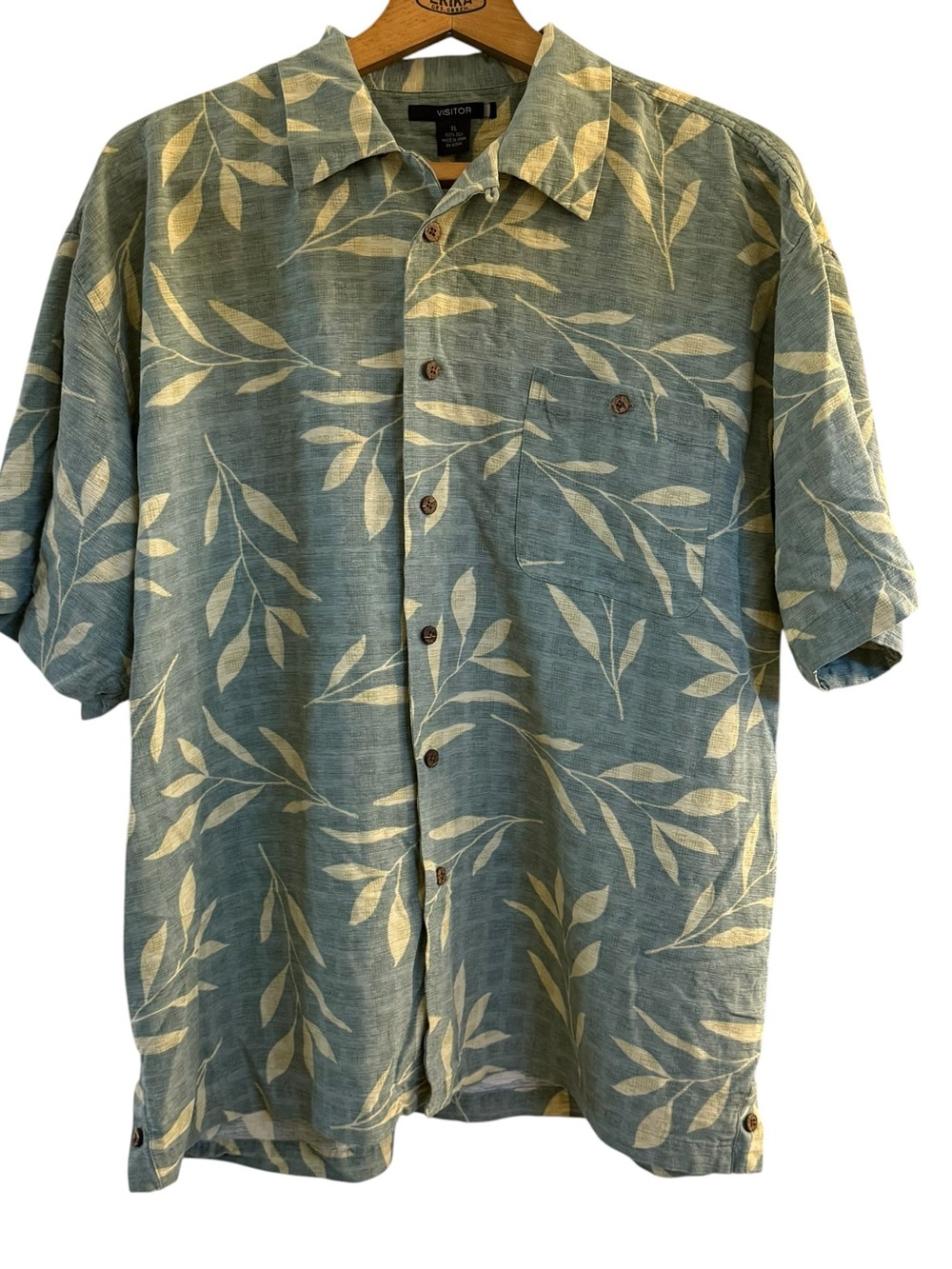 Visitor Silk Shirt XL Sage Green Hawaiian Leaf Leaves Pocket Button Down XL